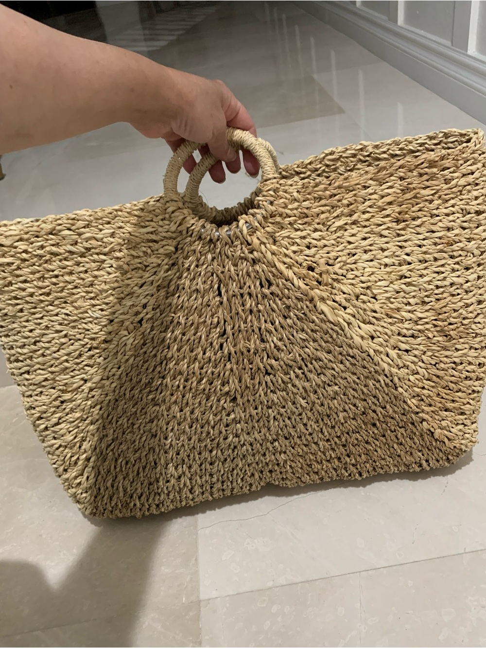 Woven Straw Tote Bag with Round Handles - Natural Tan - Picture 3 of 9